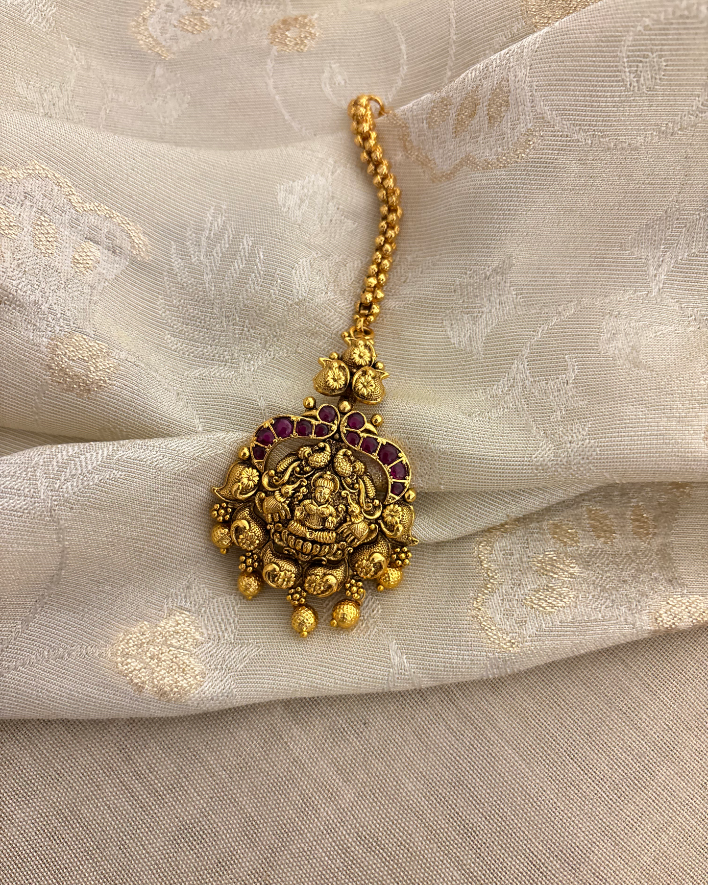 Antique Lakshmi Motif Maang Tikka | Ruby | MT317
