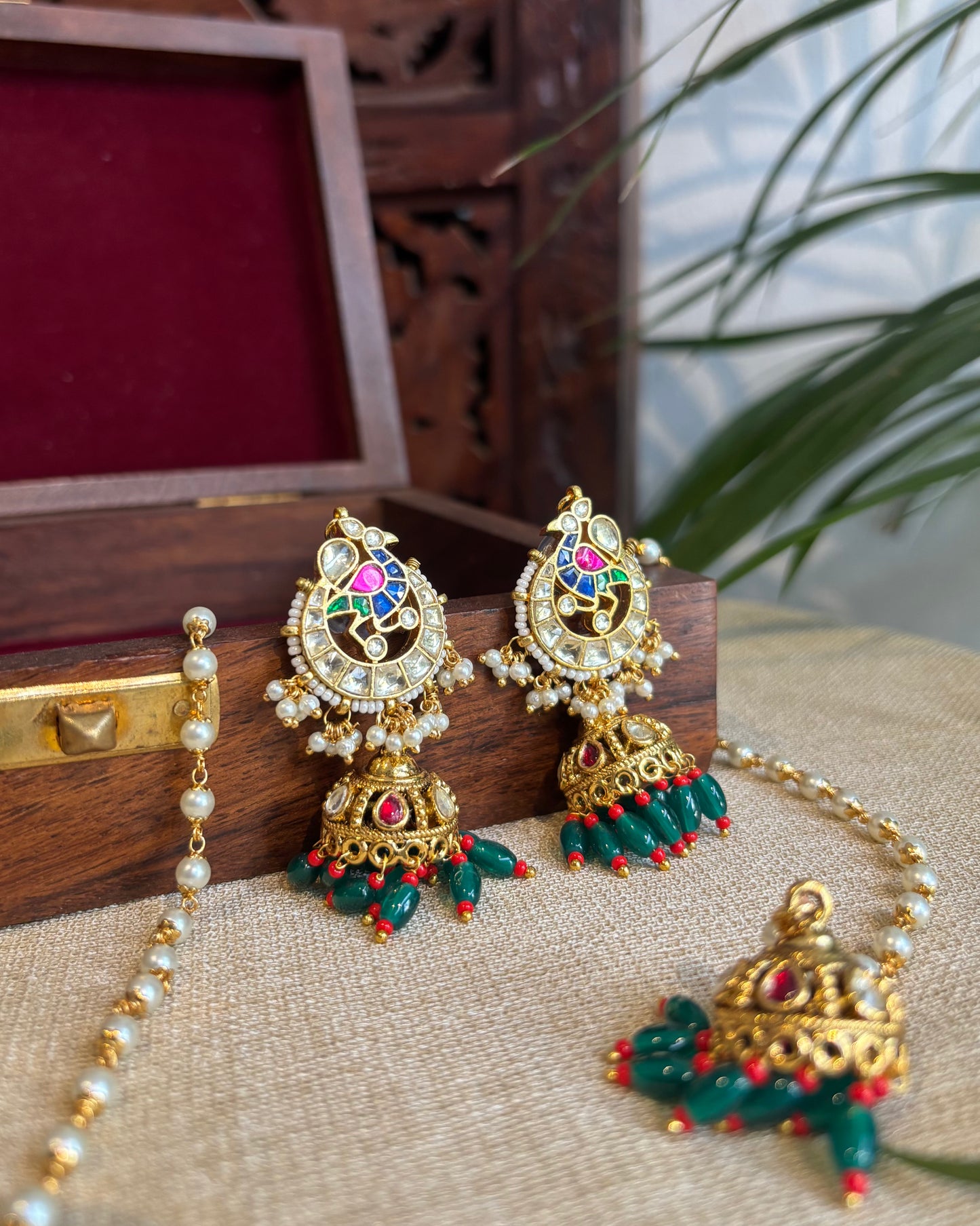 Peacock Jhumka Earrings with Pearl Ear Chain | ER234