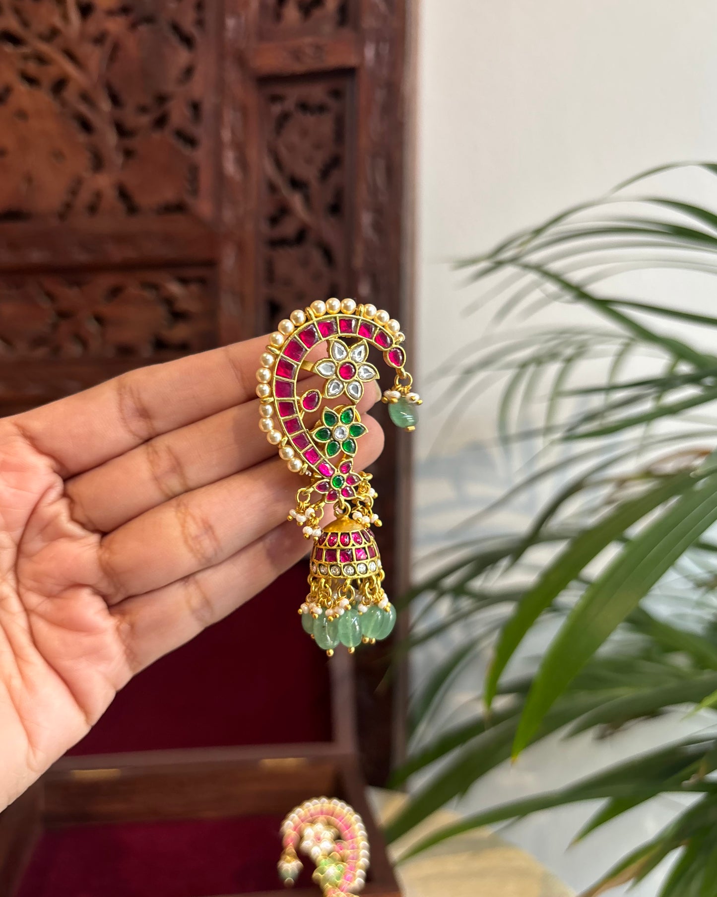 Regal Peacock Ear Cuff Jhumkas – Intricate Kundan Design | ER236