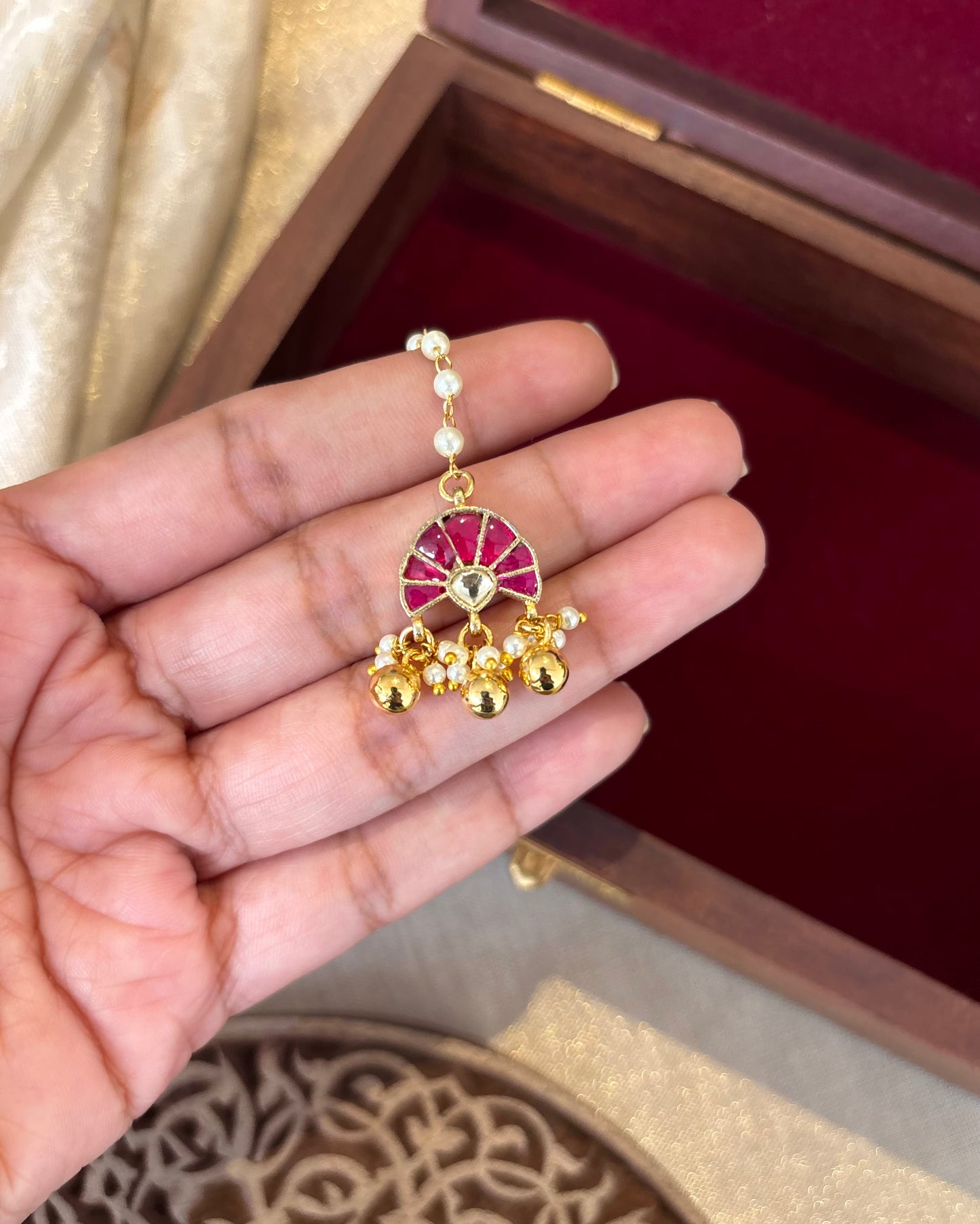 Minimal Jadau Floral Design Maang Tikka | Ruby and White | MT190