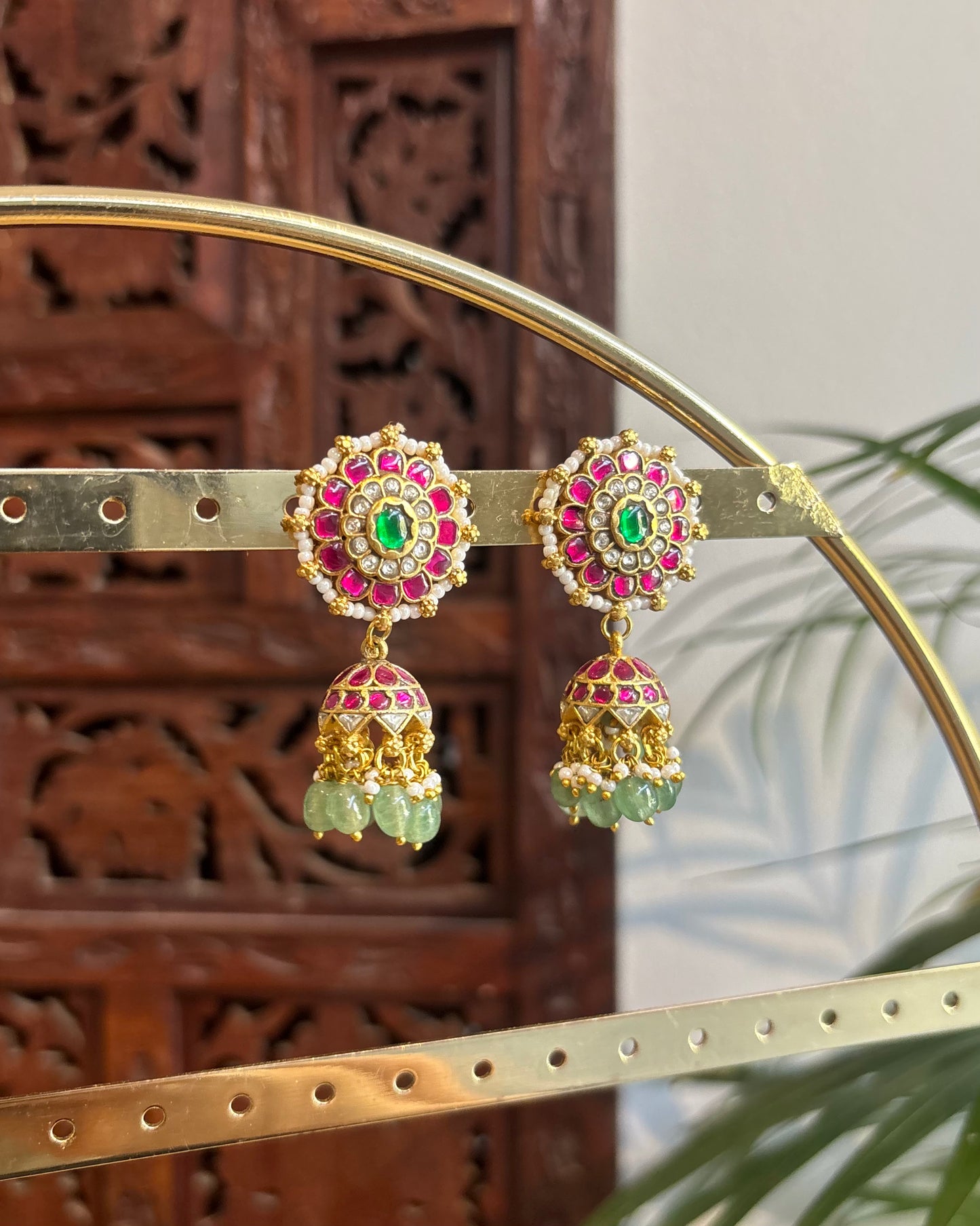 Multicolor Floral Jadau Kundan Jhumkas with Pearl Hangings | ER244
