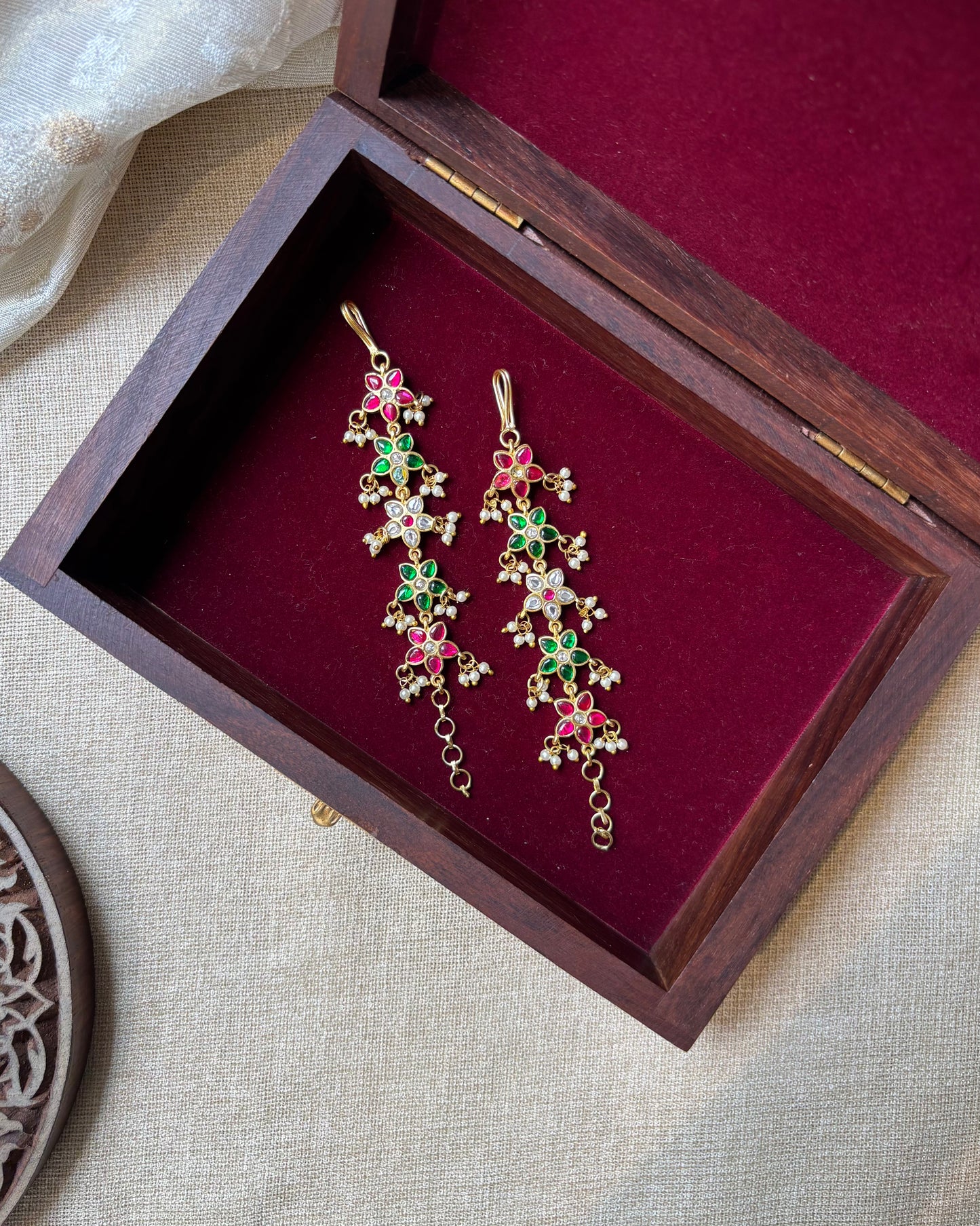 Floral Jadau Kundan Straight Ear Chain – Multicolor | EC102