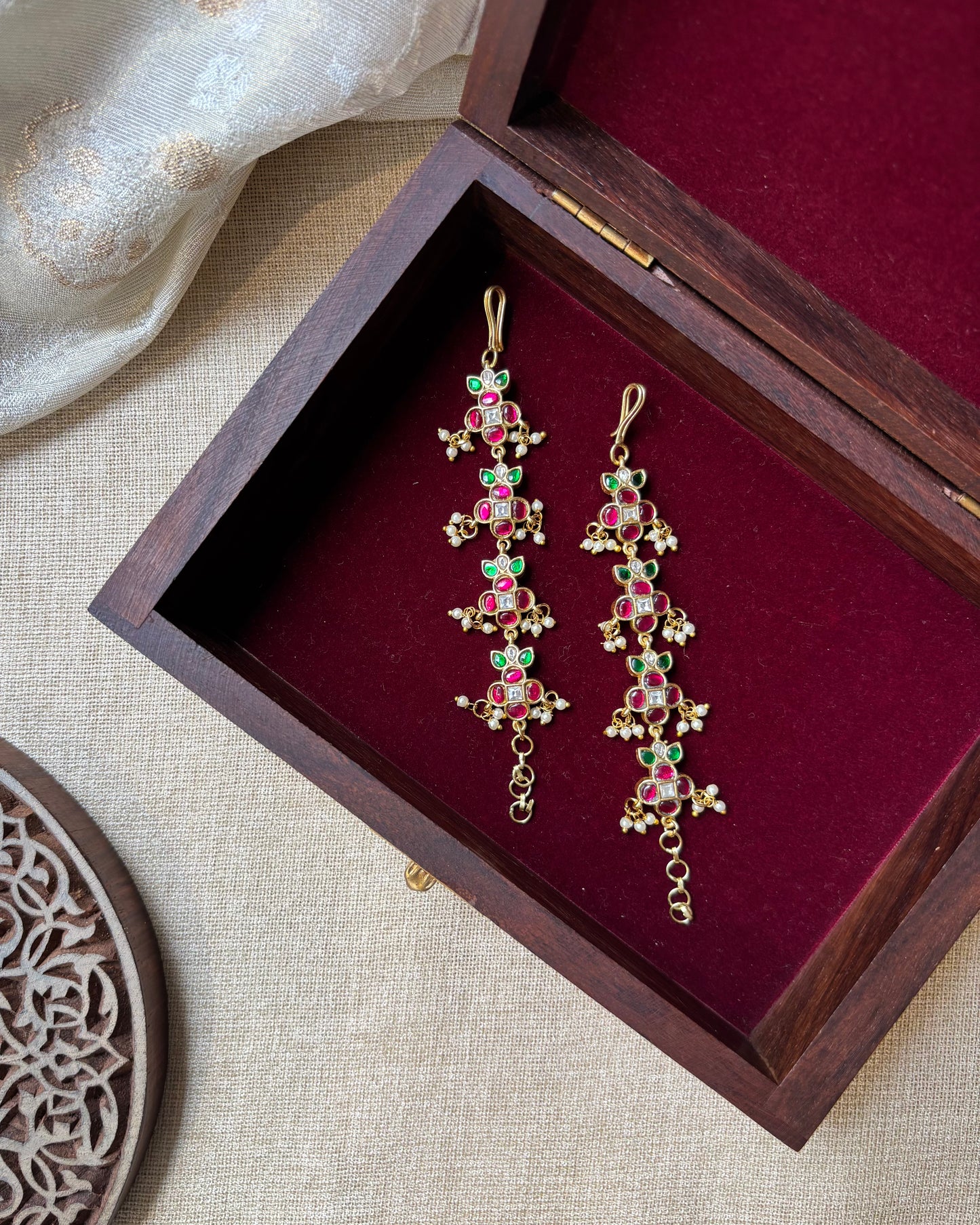 Floral Jadau Kundan Straight Ear Chain – Multicolor | EC103