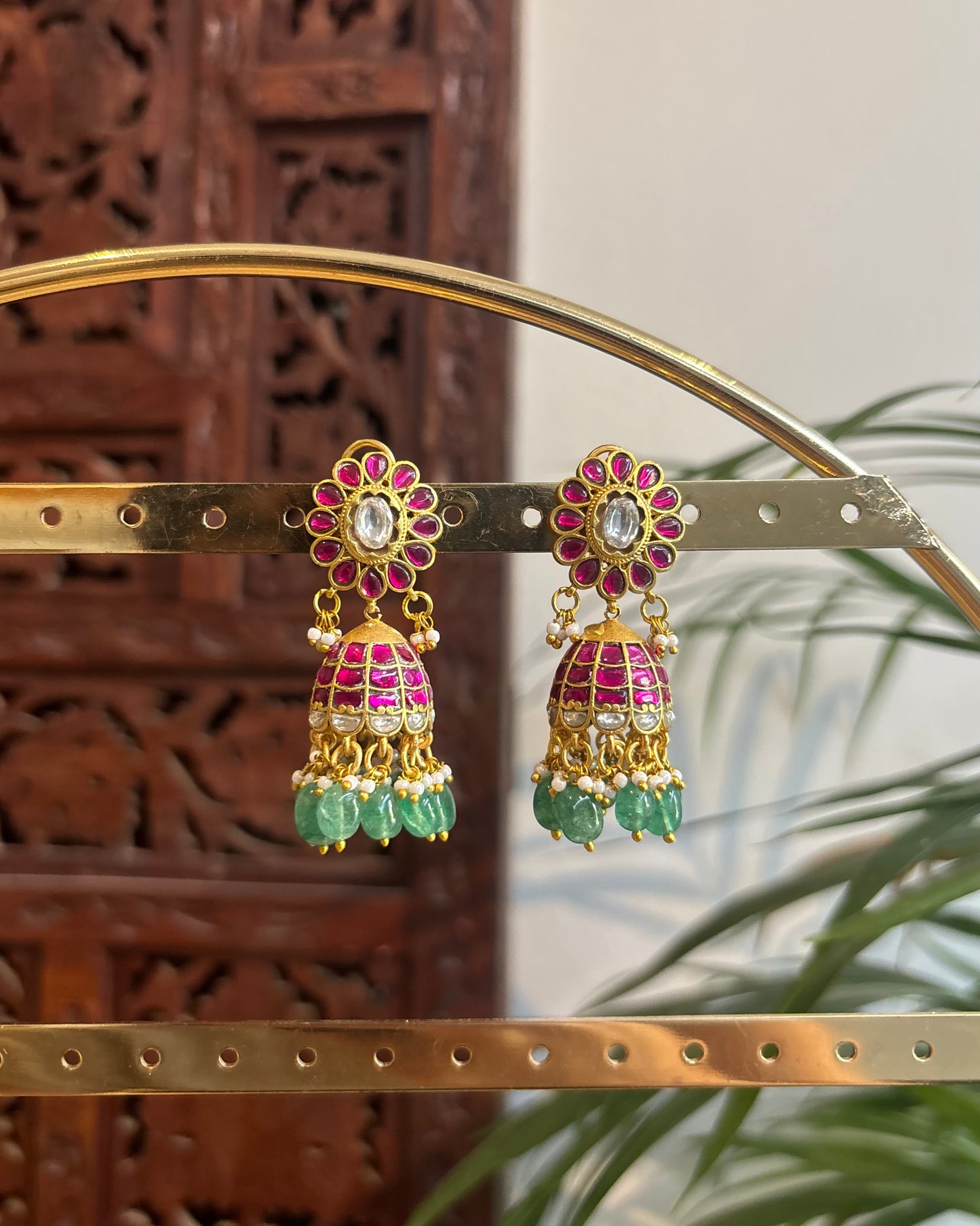 Multicolor Floral Jadau Kundan Jhumkas with Pearl Hangings | ER241