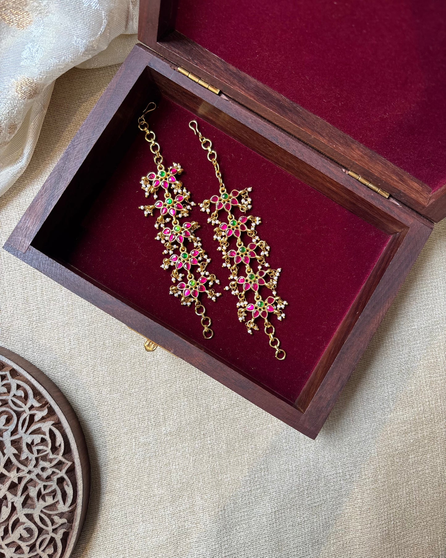 Floral Jadau Kundan Straight Ear Chain – Multicolor | EC105