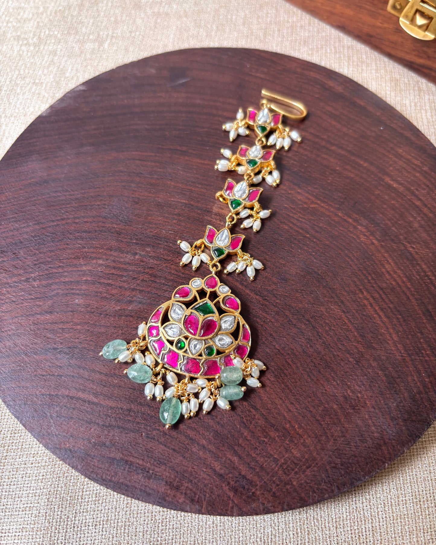 Jadau Kundan Floral Maang Tikka with Lotus Chain – Gold-Plated Bridal Hair Jewellery | MT064