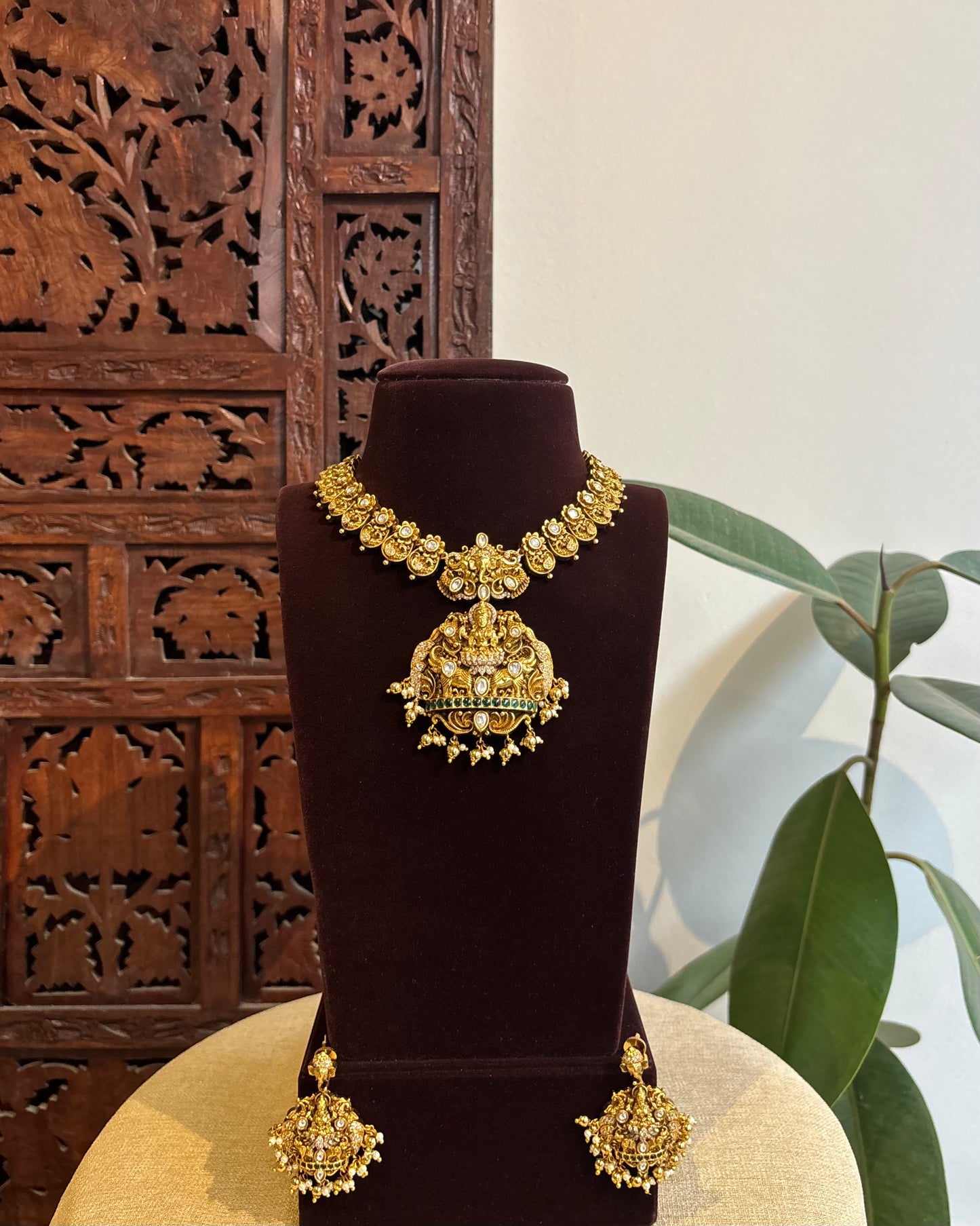 Antique Finish Jadau Pearl Necklace Set with Matching Earrings | NC328