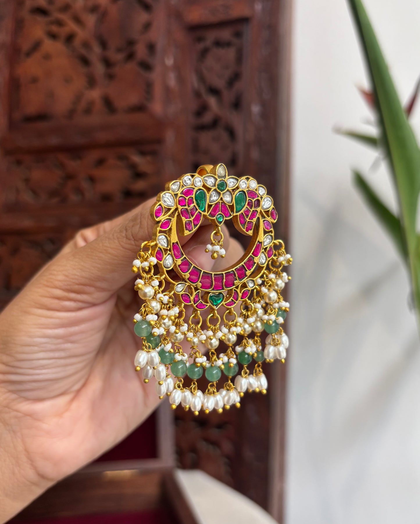 Floral Peacock Jadau Pendant with Pearls and Green Beads | HA204