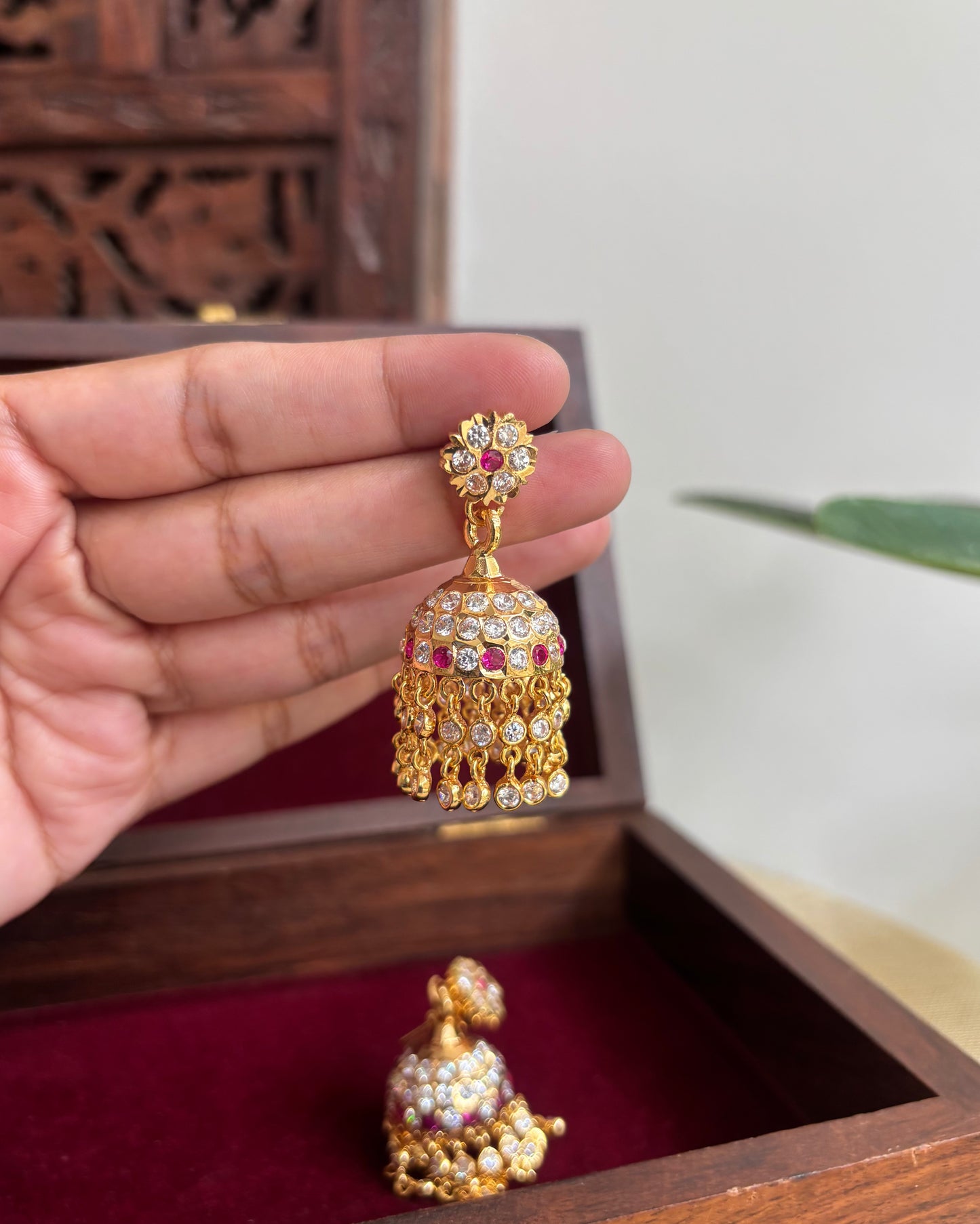 Vintage Impon Small Earrings – Classic Jhumkas | Ruby & White | ER298