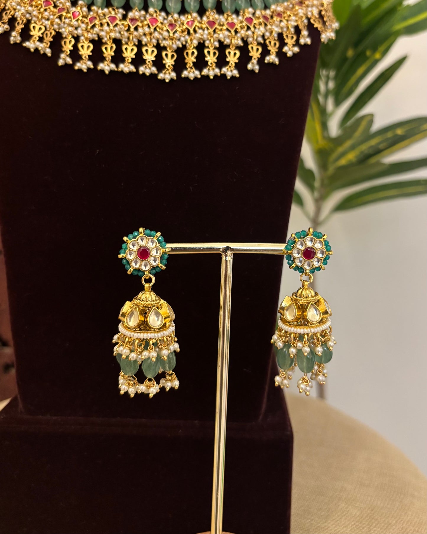 Hand-Strung Pearl Choker with Green Beads & Ruby Kundan Drops and Earrings | NC665
