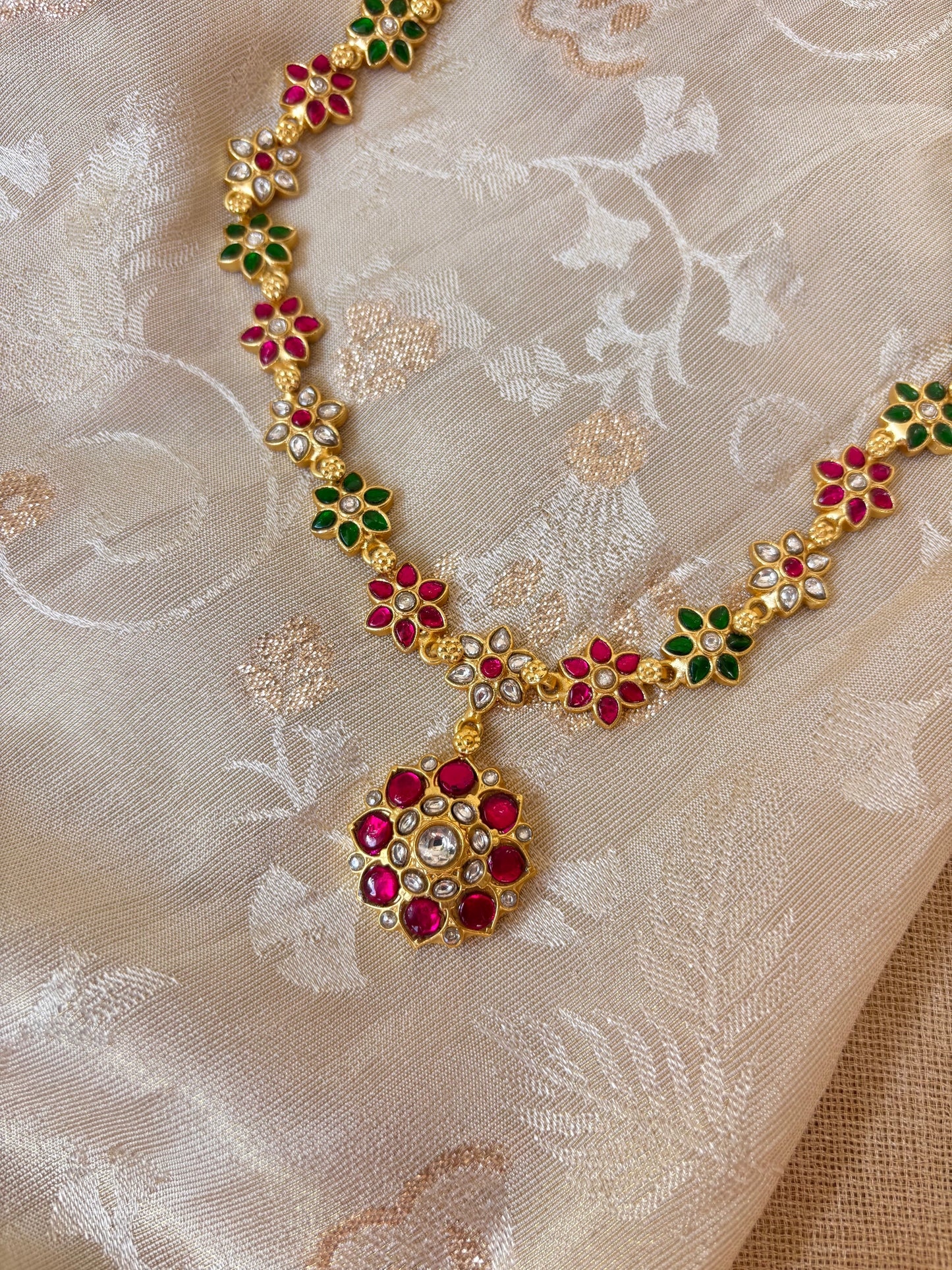 Gold-Plated Jadau Kundan Floral Choker Necklace Set with Matching Earrings | NC066