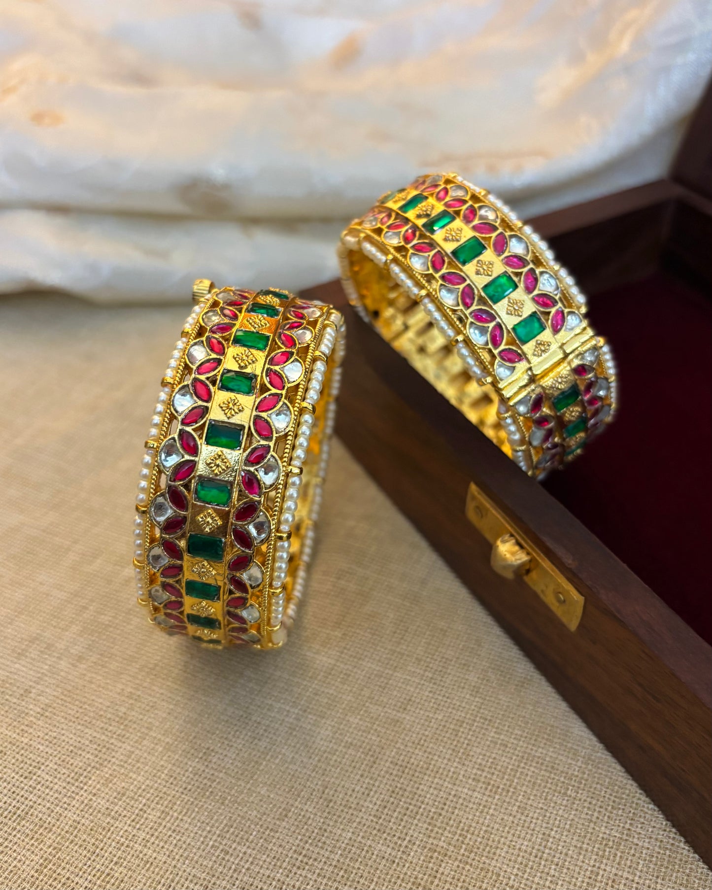 Jadau Kundan Gold Plated Bangles — Multicolor with Pearl Detailing | BA012