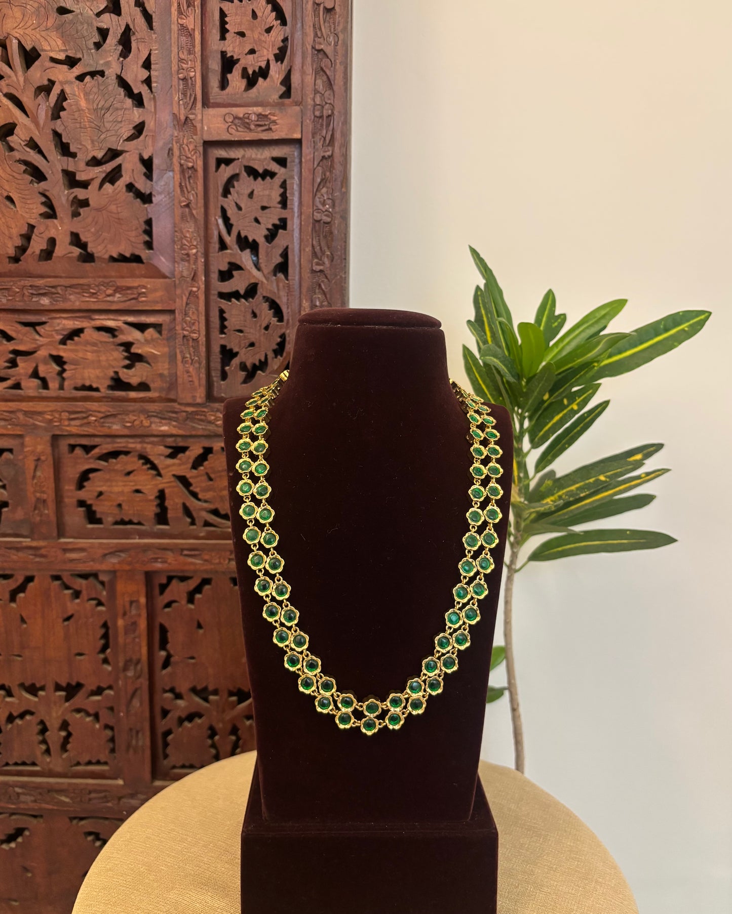 2 in 1 Floral Motif Two Layer Necklace – Pearl and Green | NC668