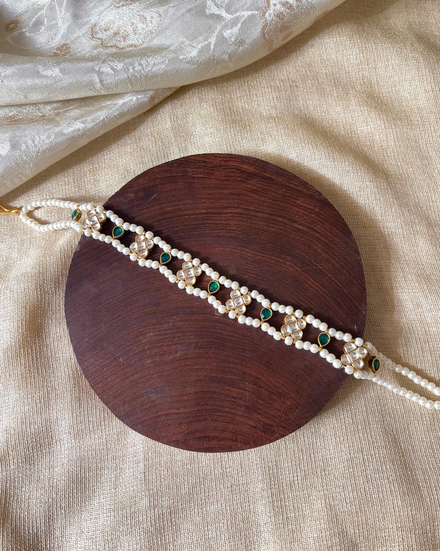White Pearl & Kundan Floral Choker with Green Accents | NC077