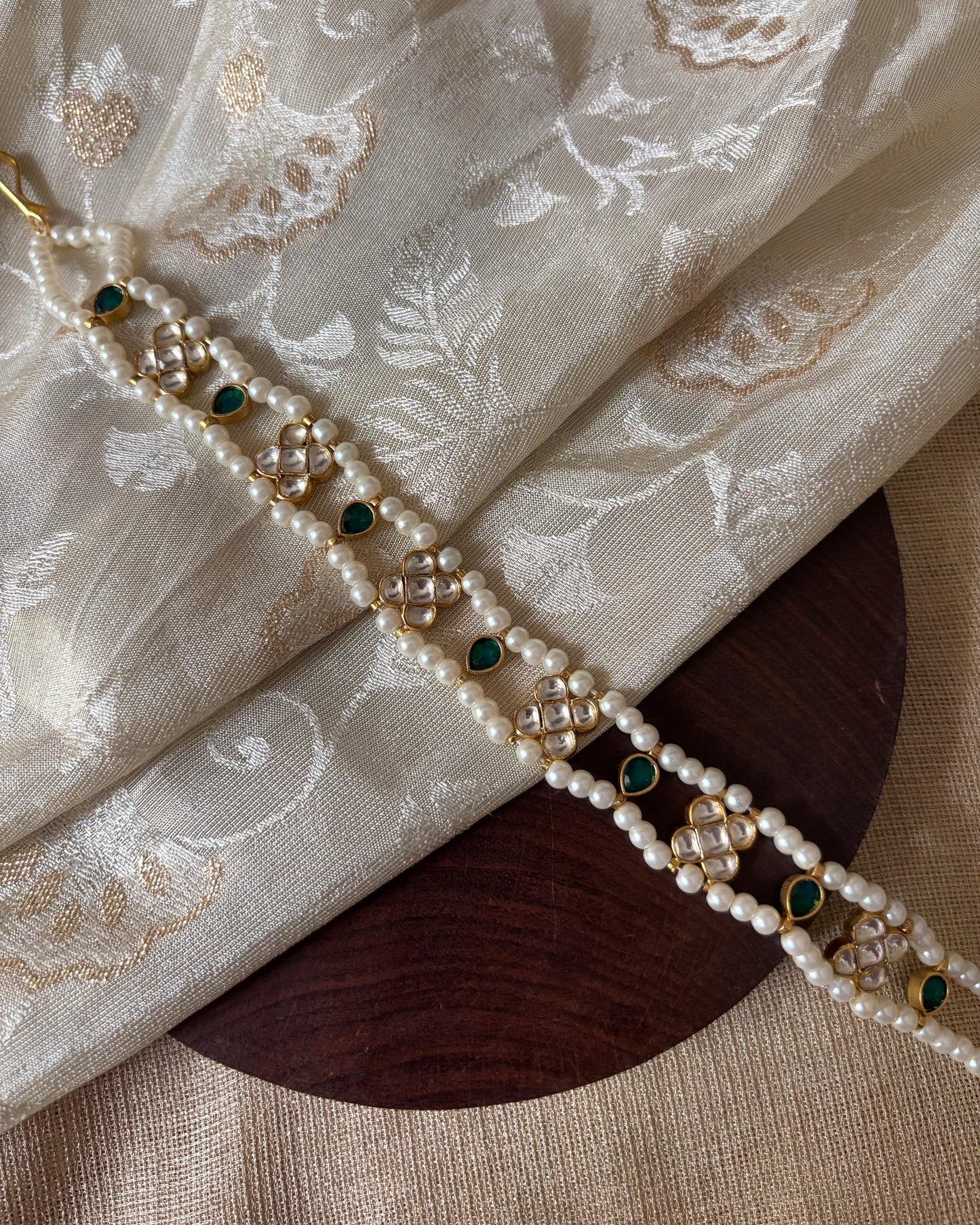 White Pearl & Kundan Floral Choker with Green Accents | NC077