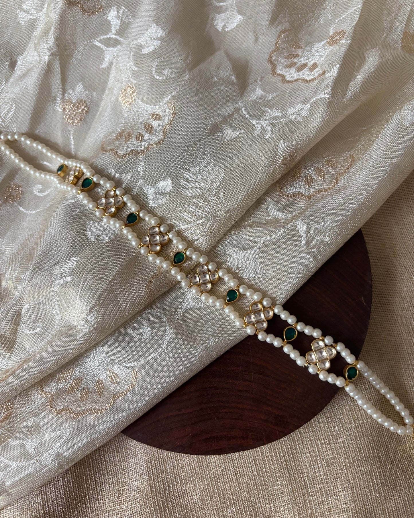 White Pearl & Kundan Floral Choker with Green Accents | NC077