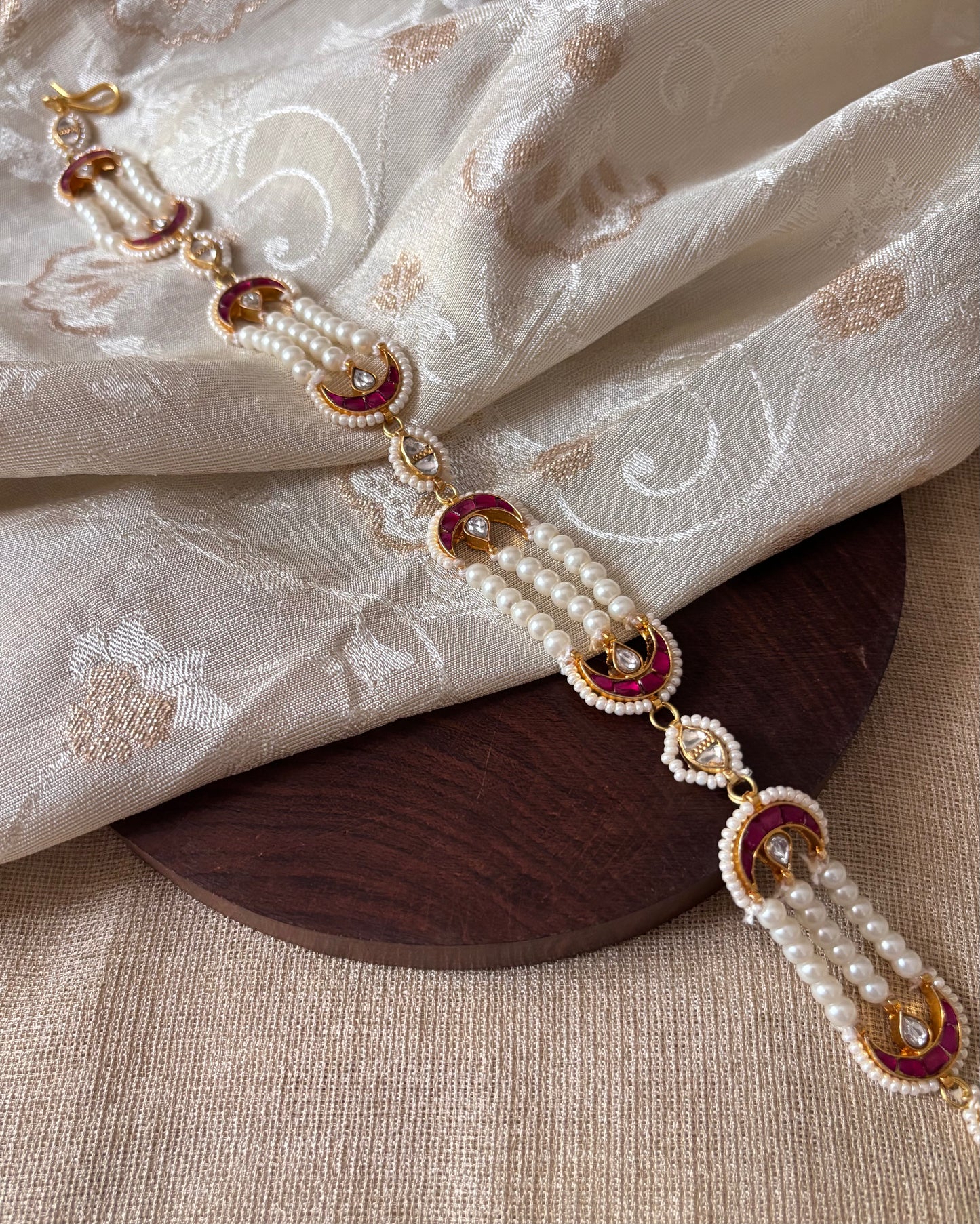 Pearl Choker with Pink & White Kundan Chand Motifs | NC079