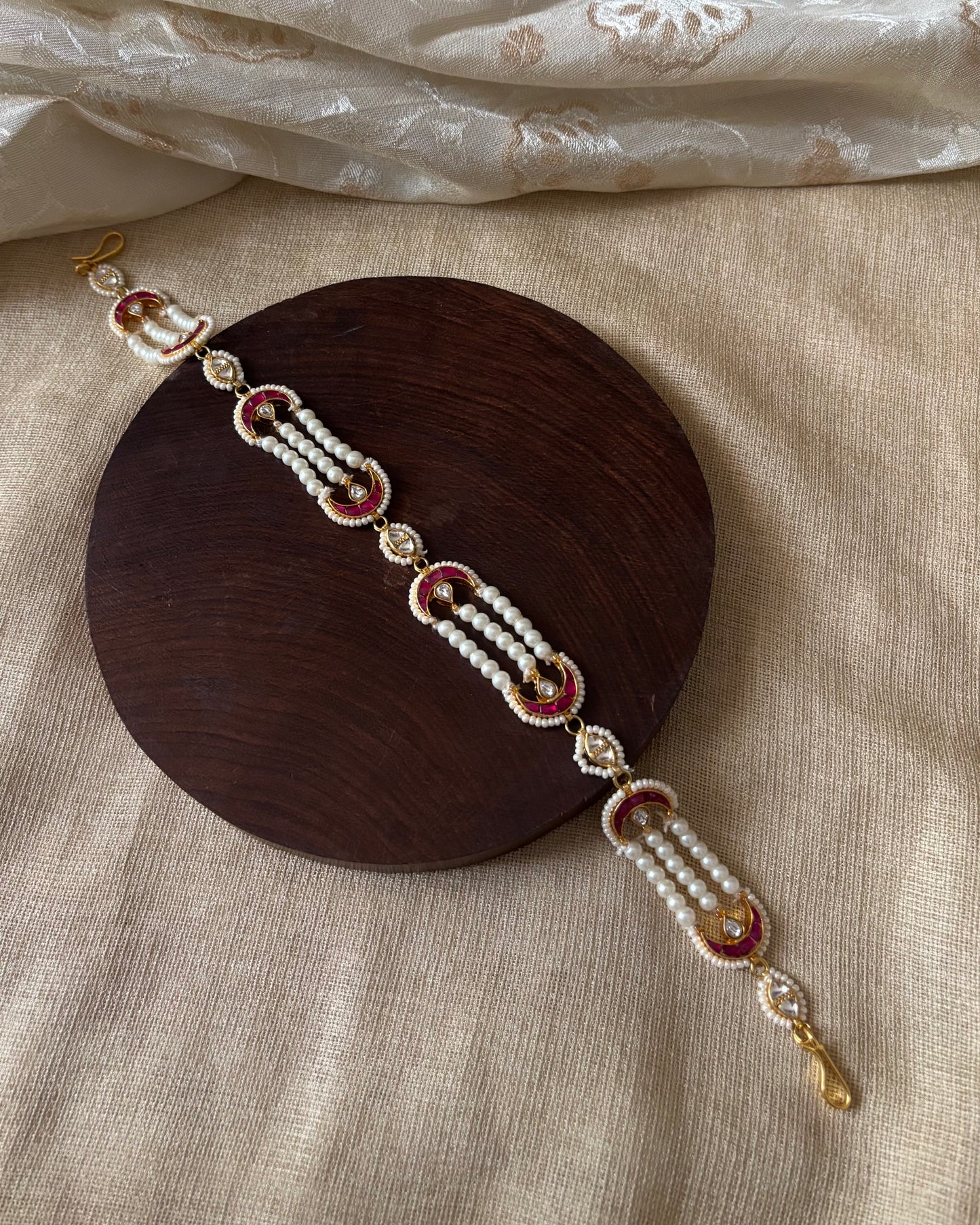 Pearl Choker with Pink & White Kundan Chand Motifs | NC079