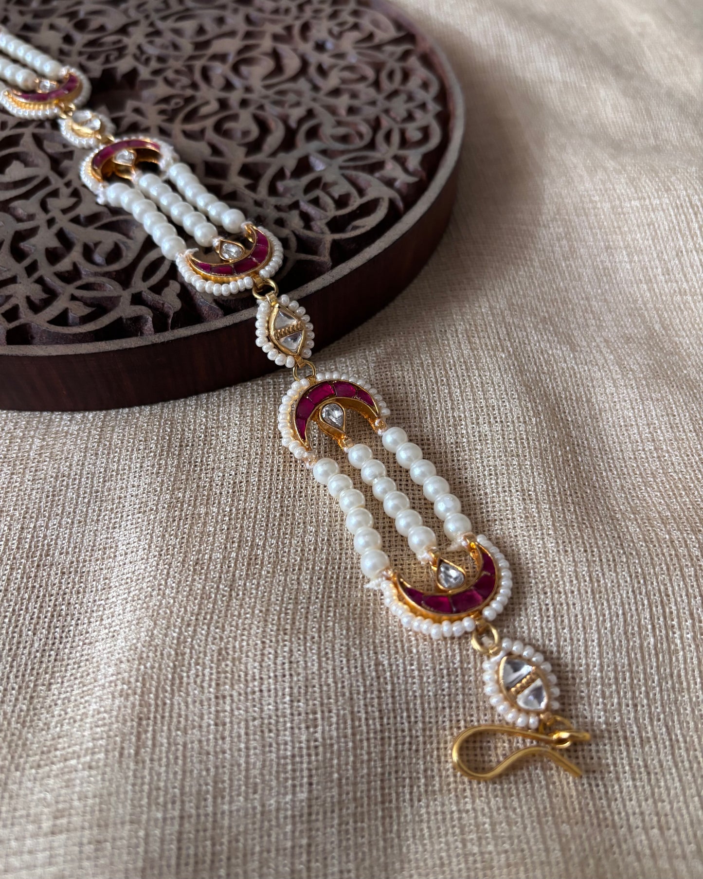 Pearl Choker with Pink & White Kundan Chand Motifs | NC079