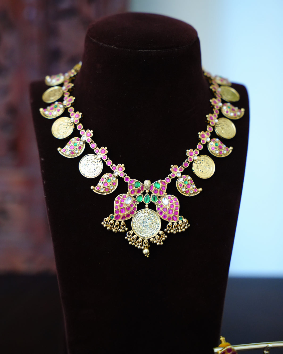 Ruby & Green Kundan Mango Kasu Necklace Set with Coin Earrings