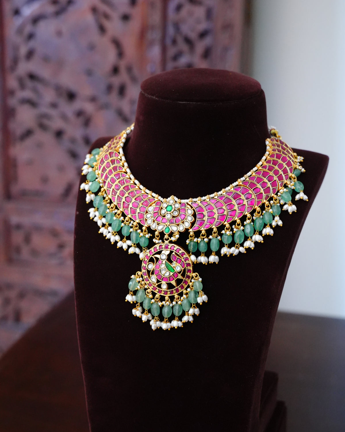 Ruby Kundan Bridal Choker with Green Bead Layer & Pearl Drop Pendant
