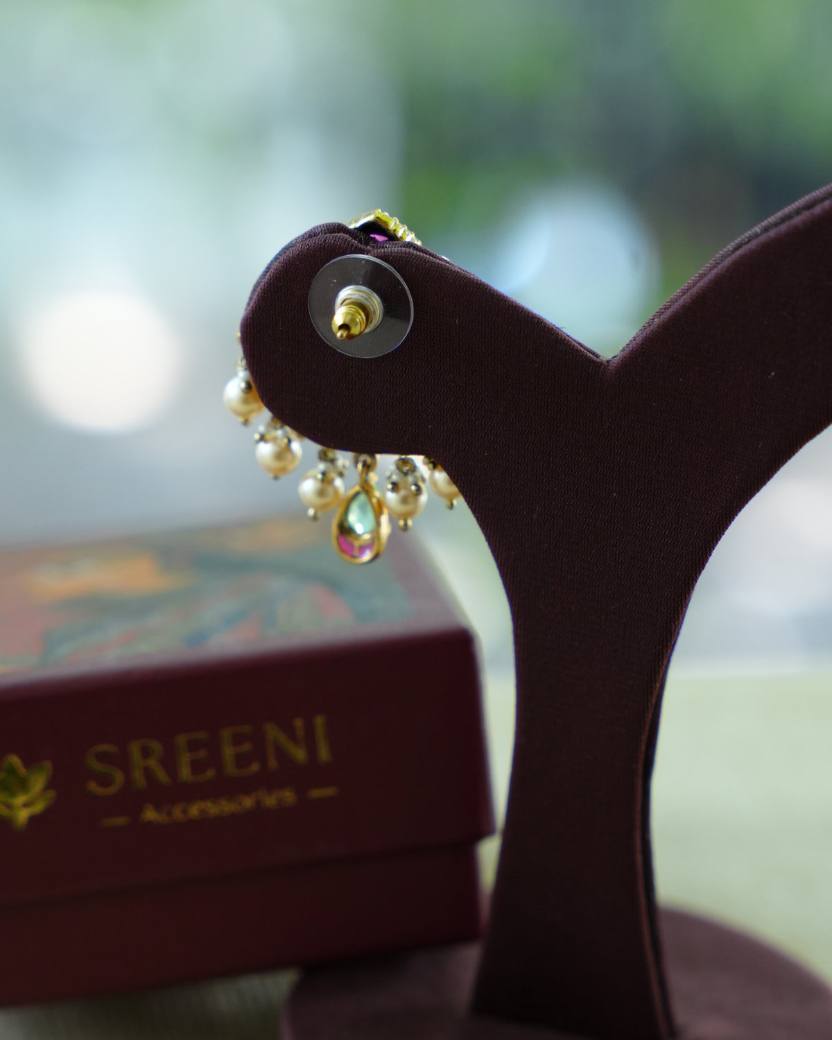 Green & Ruby Kundan Statement Earrings with Pearl Drops