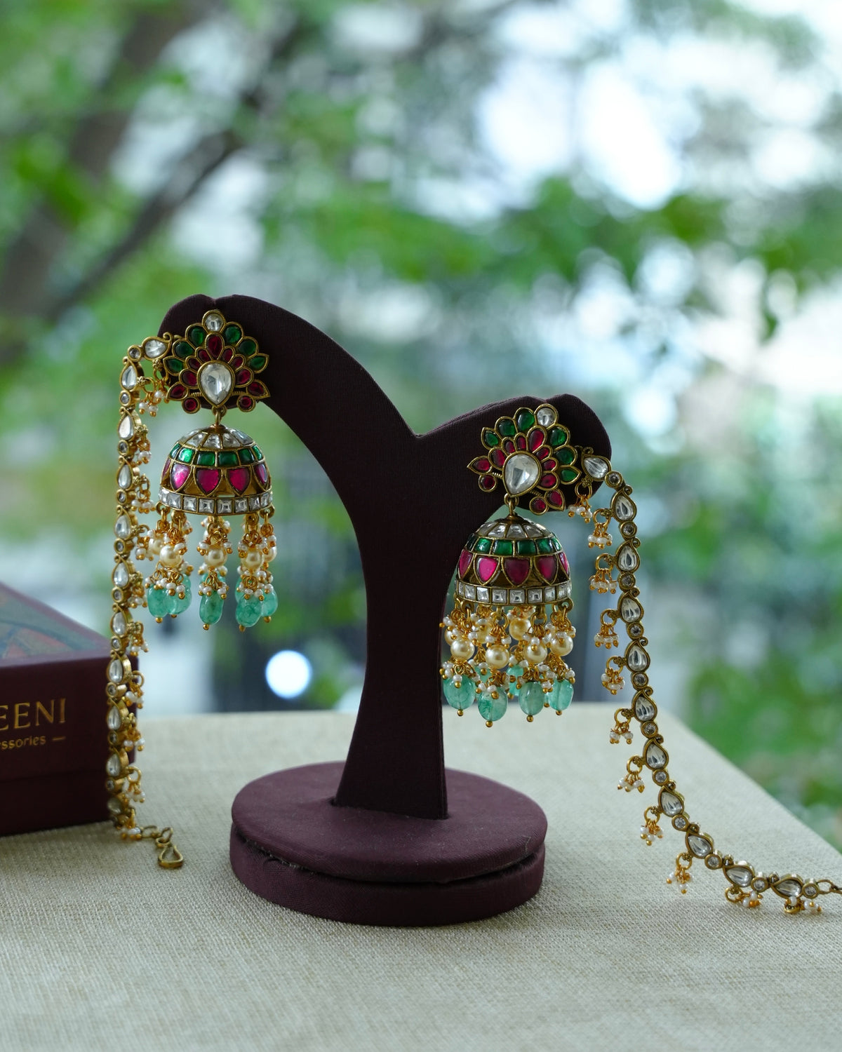 Multicolour Kundan Floral Earrings with Ear Chain