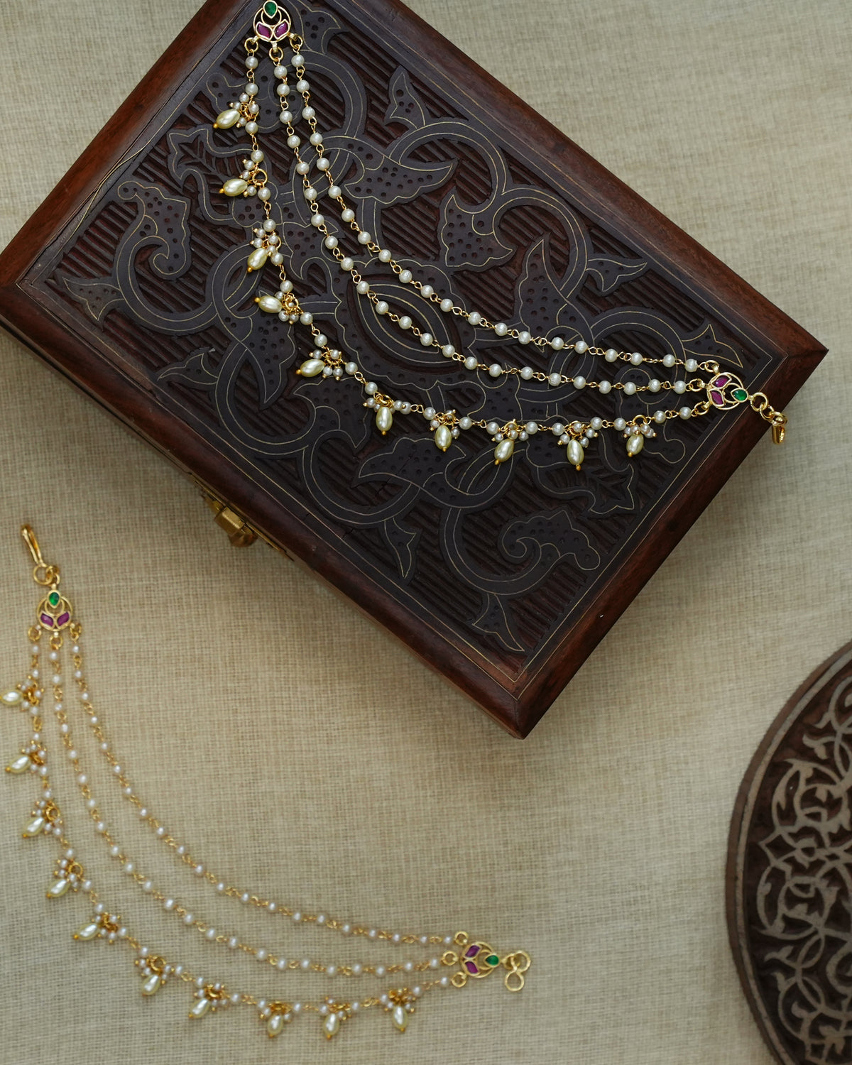 Three-Layer Pearl & Gold Kundan Ear Chain with Petal Drops