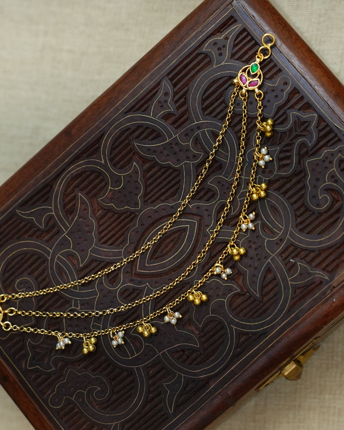 Minimal Three Layer Pearl Kundan Ear Chain