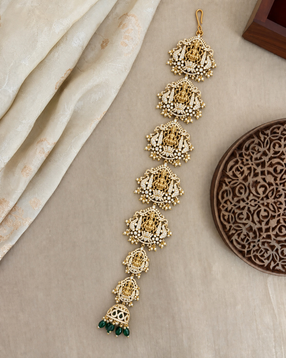 Temple Lakshmi Long Hair Accessory with Mini Jhumka & Green Drops