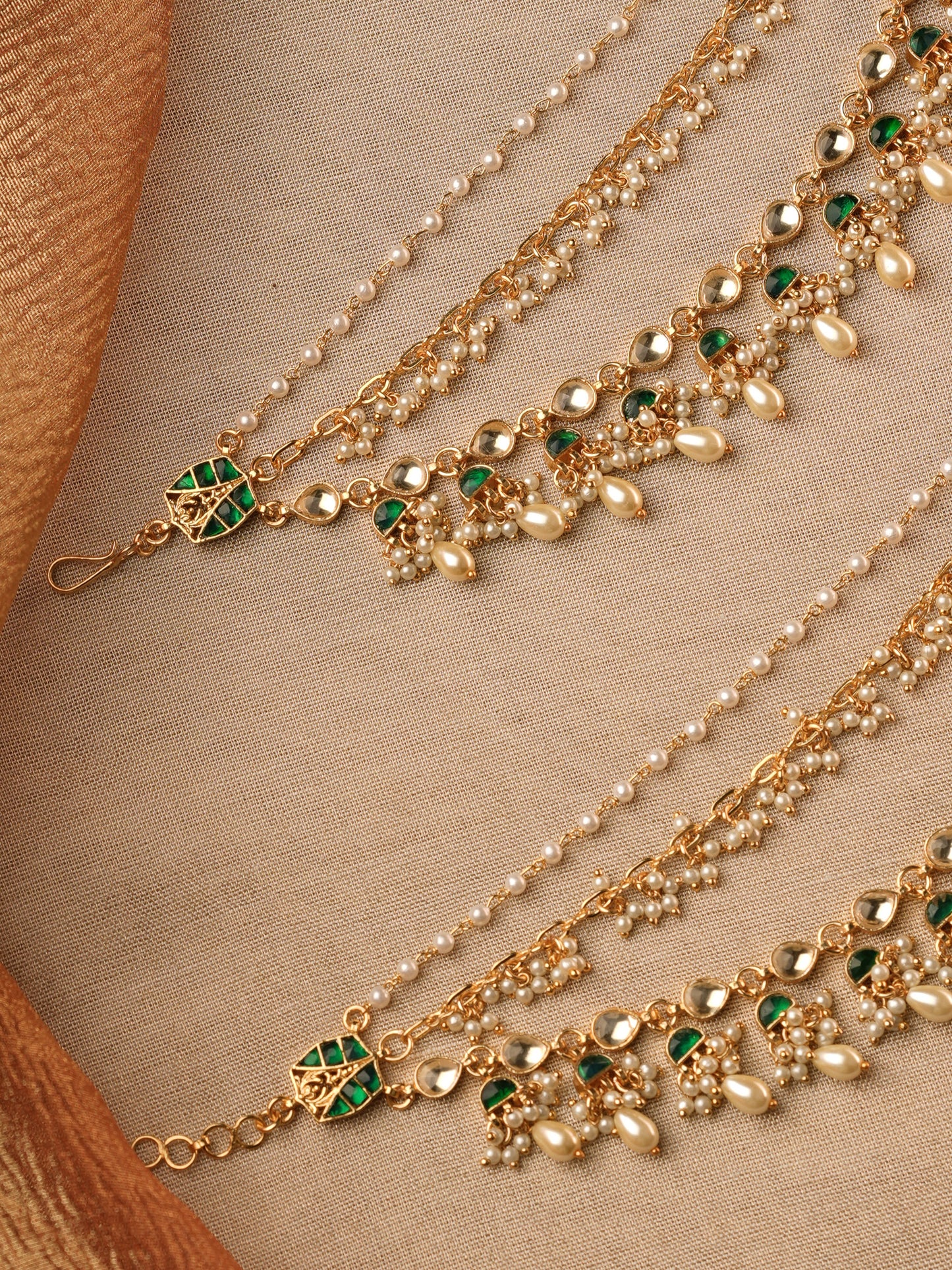 Green Color Gola Plated Jadau Kundan Ear Chain | EC005