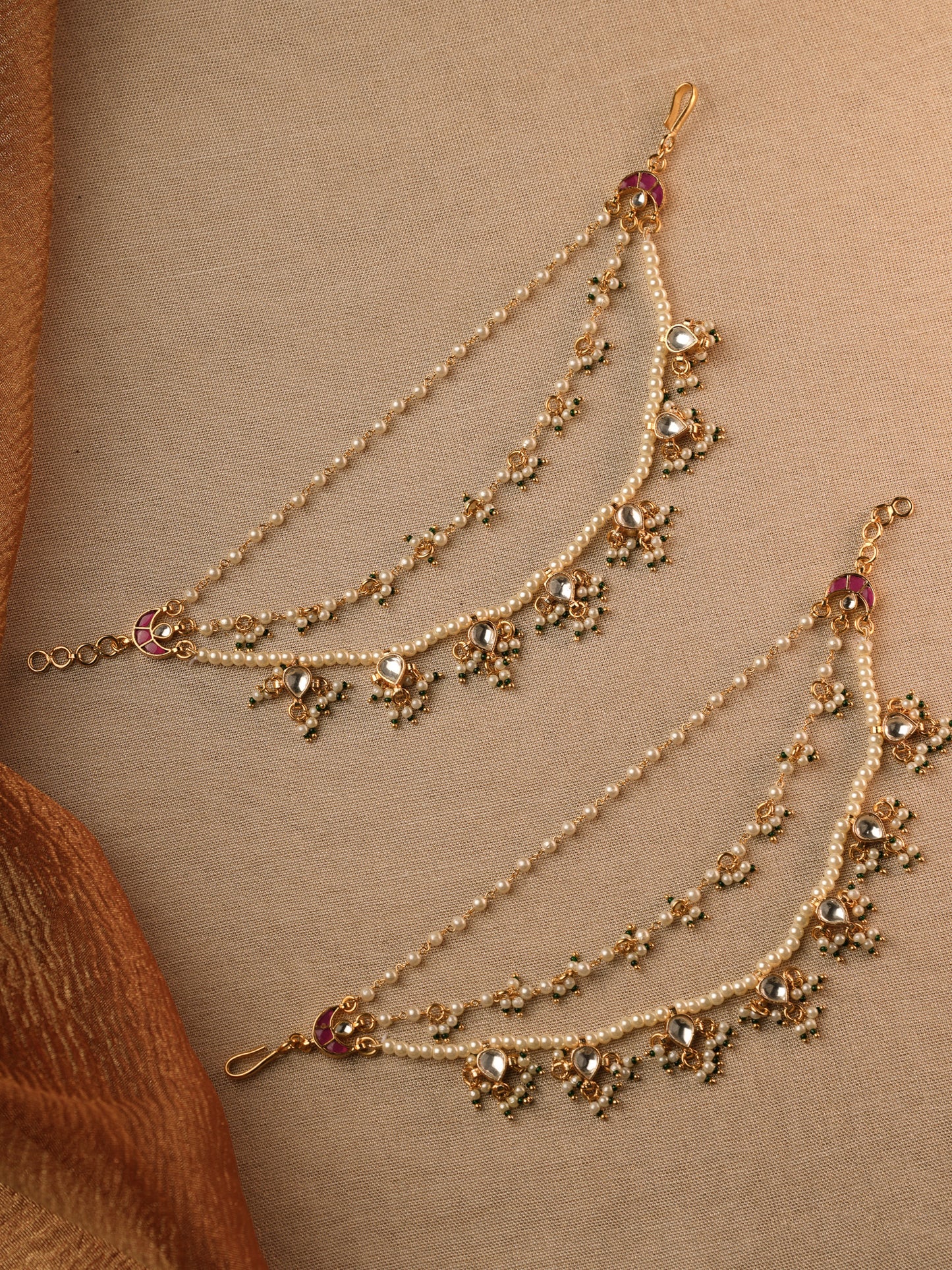 Green Color Three Layer Gold Plated Jadau Kundan Earchains | EC008