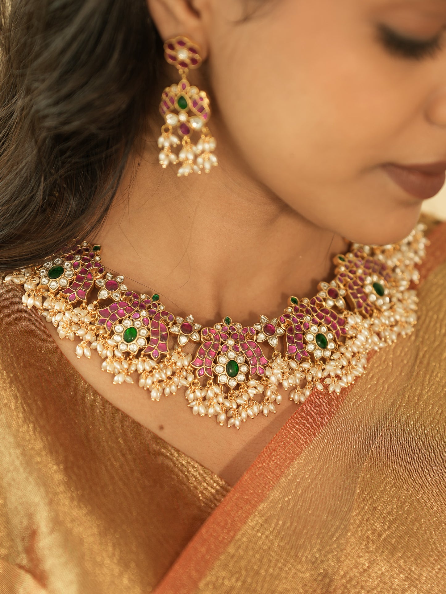 Peacock Guttapusalu Necklace Set With Matching Earrings