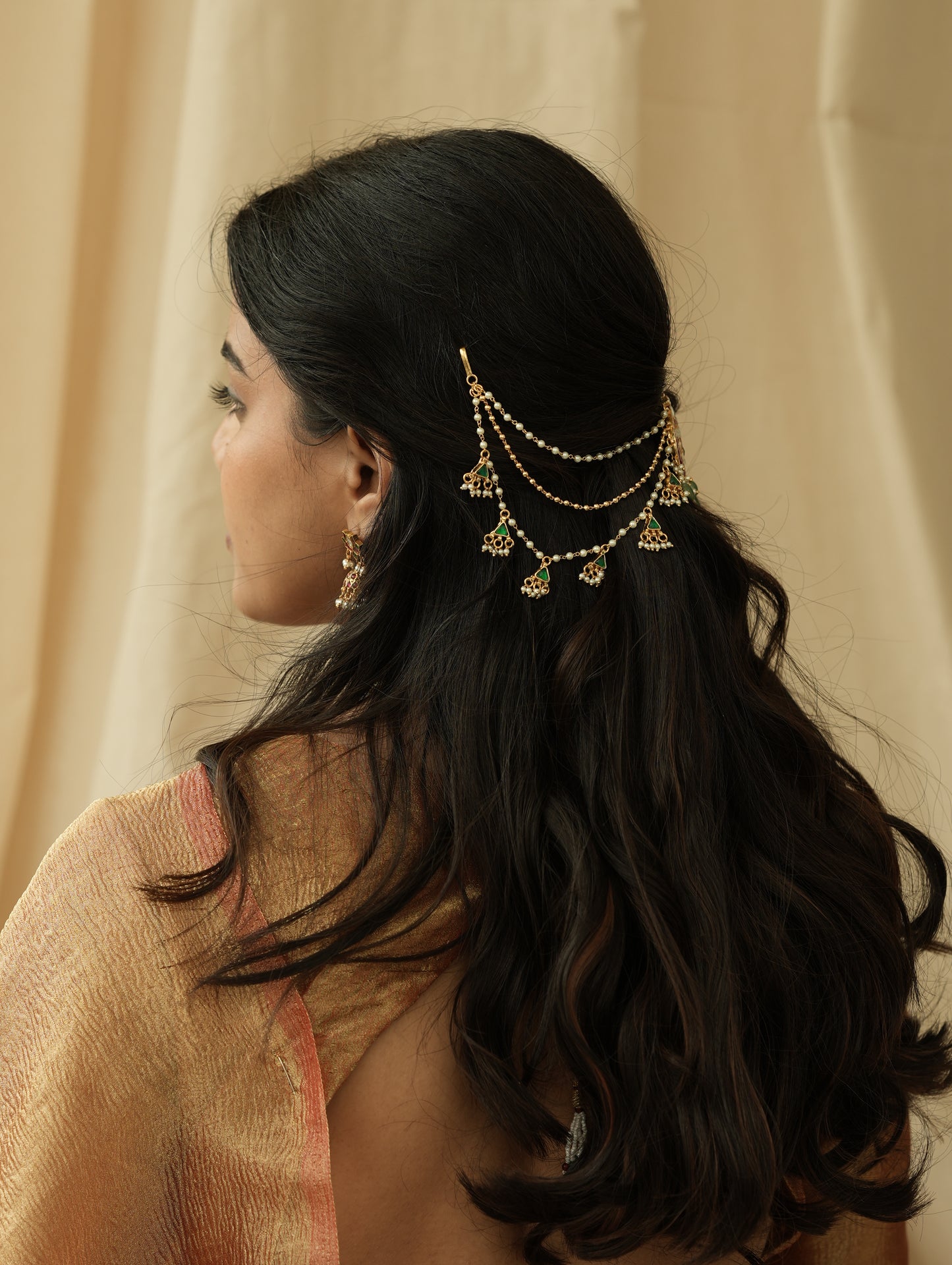 Gold Plated Jadau Kundan Pendant with Side Chain Hair Accessory | HA001