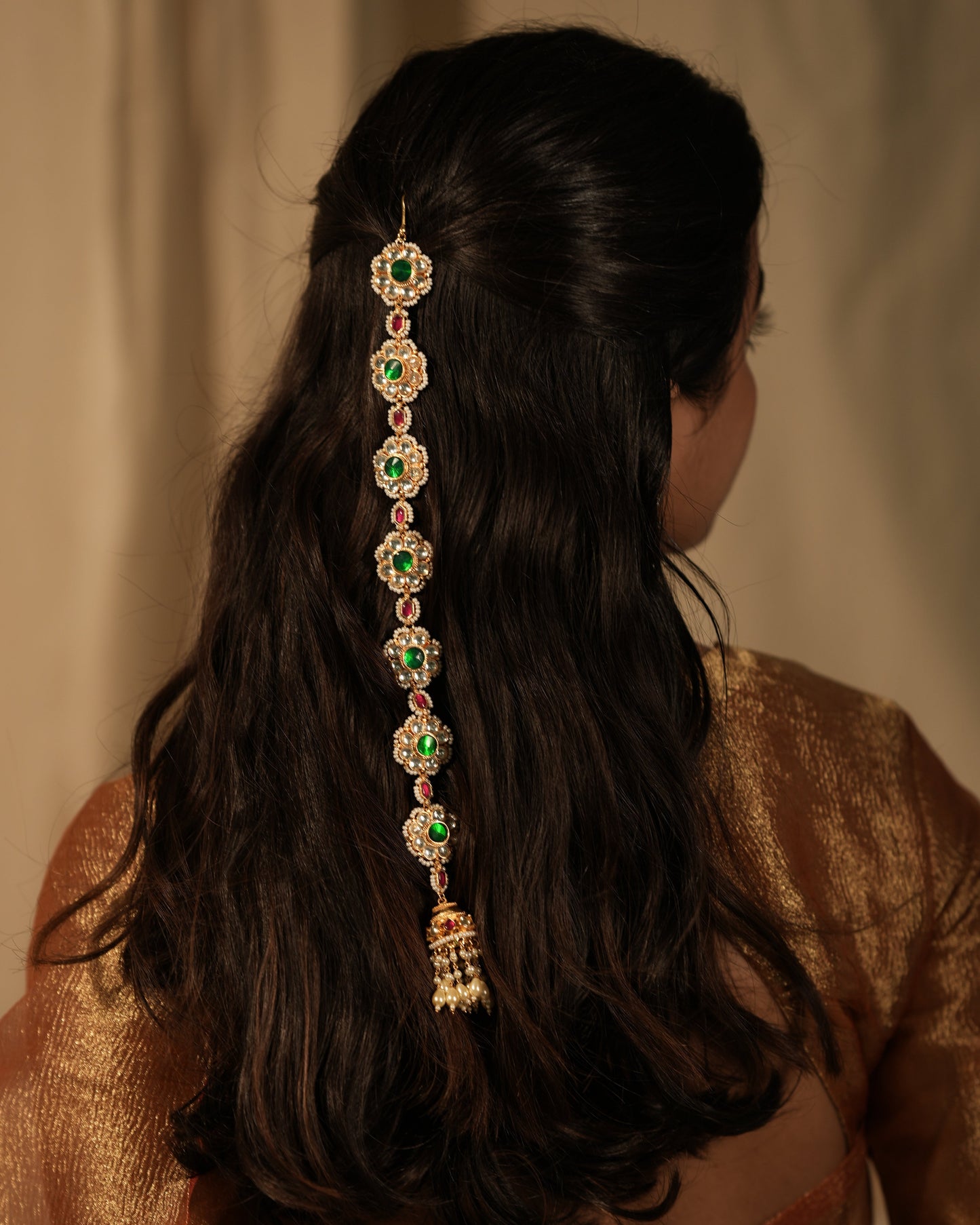 Gold Plated Green Pachi Kundan Hair Accessory | HA002