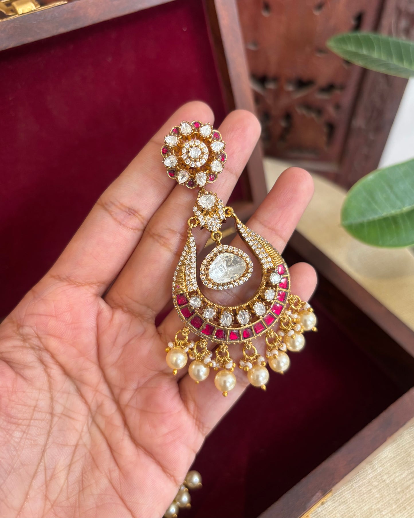 Floral Multicolor Mossanite Kundan Earrings With Pearl Hangings | ER316
