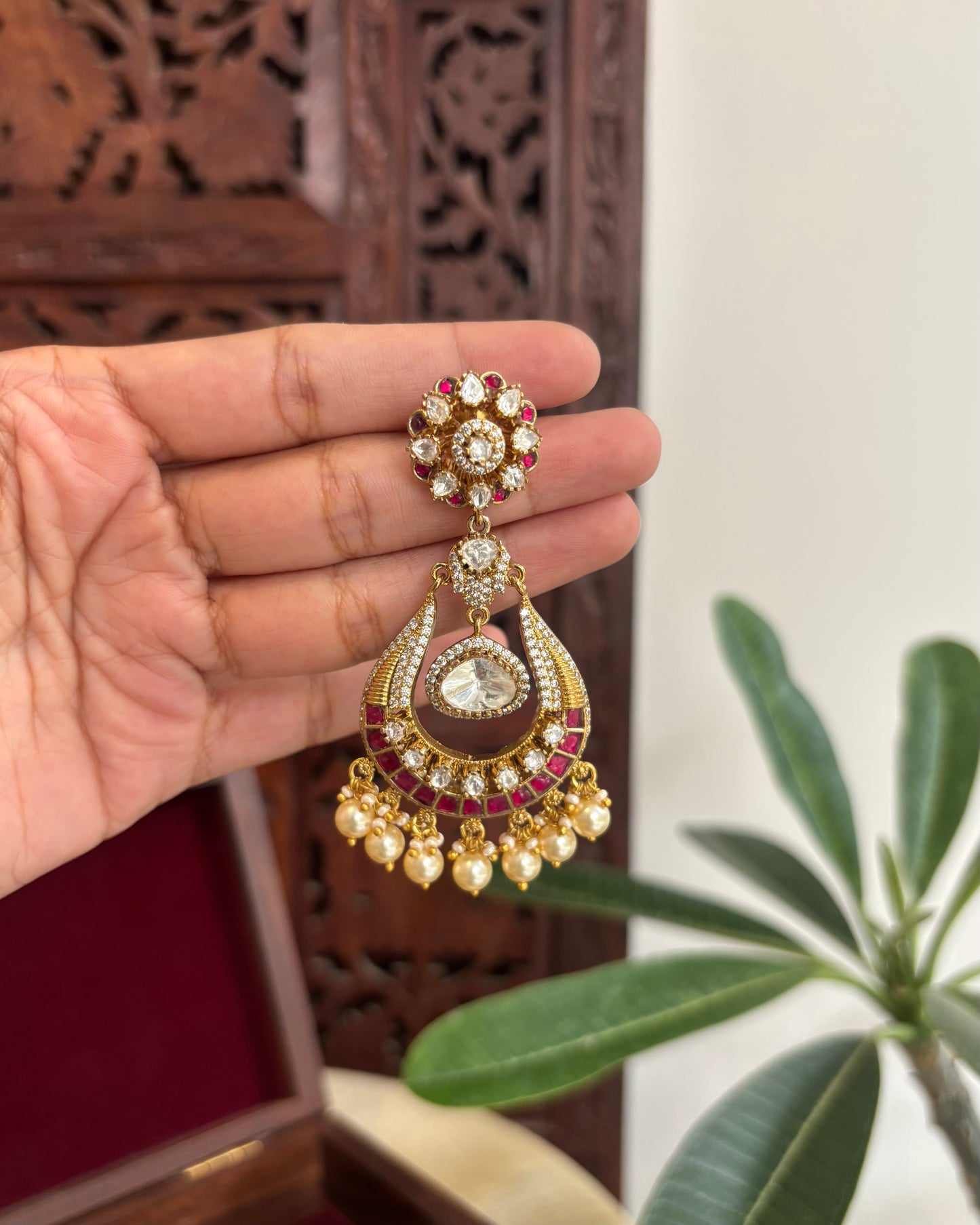 Floral Multicolor Mossanite Kundan Earrings With Pearl Hangings | ER316