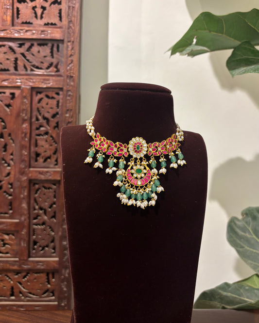 White Green Jadau Kundan Choker Necklace with Floral Center Pendant  | NC608