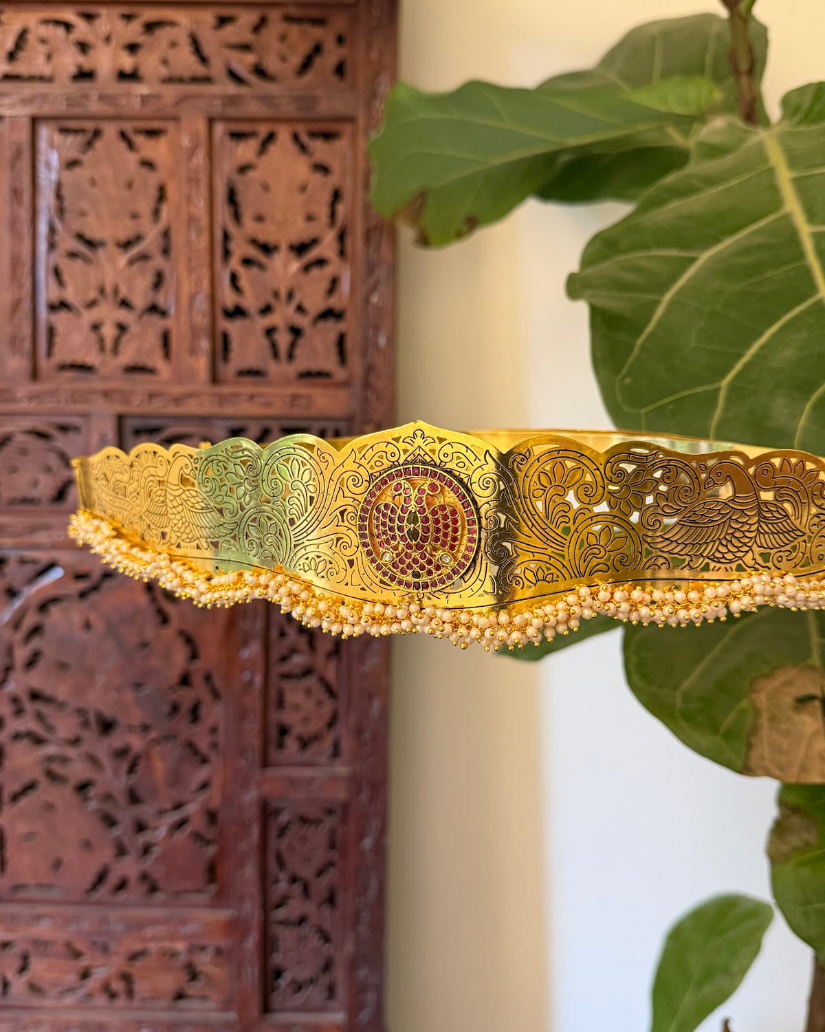 Antique Gandaberunda Hipbelt – Ruby with Pearl Drop | Handmade Gold Plated | WB050