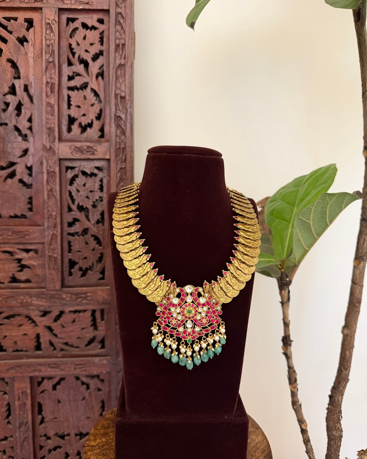 Royal Antique Peacock Kundan Kaasu Necklace | Handmade | NC789