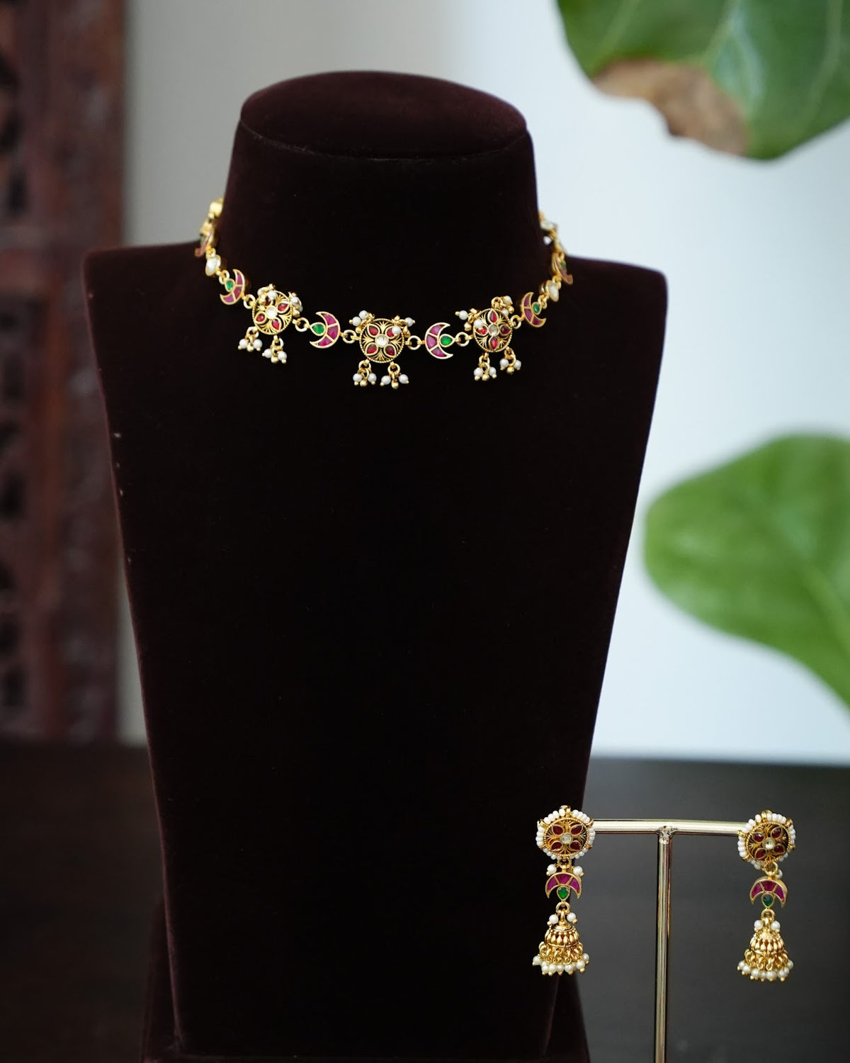 Pachi Kundan Floral Chand Choker with Earrings | Handmade Gold Plated | NC901