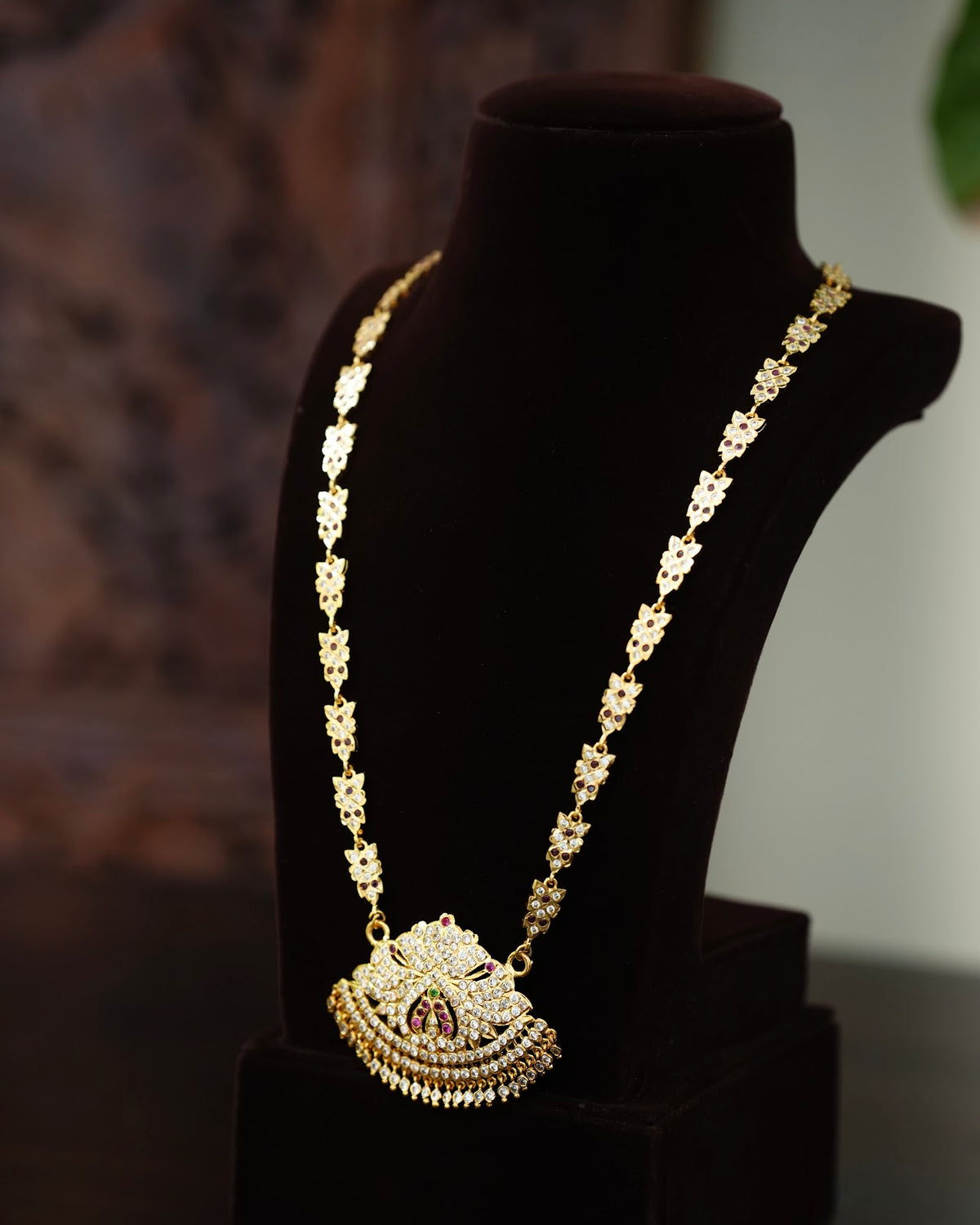 Vintage Impon Ruby & White Long Haram Necklace | Handmade Gold Tone | NC927
