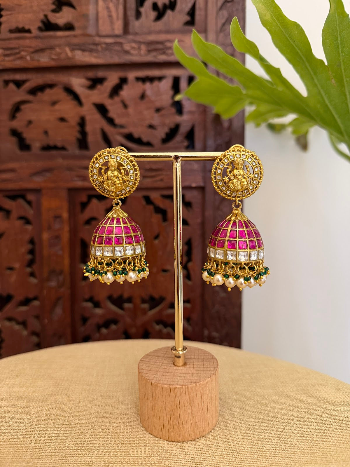 Ruby & White Jadau Kundan Lakshmi Jhumkas | ER413