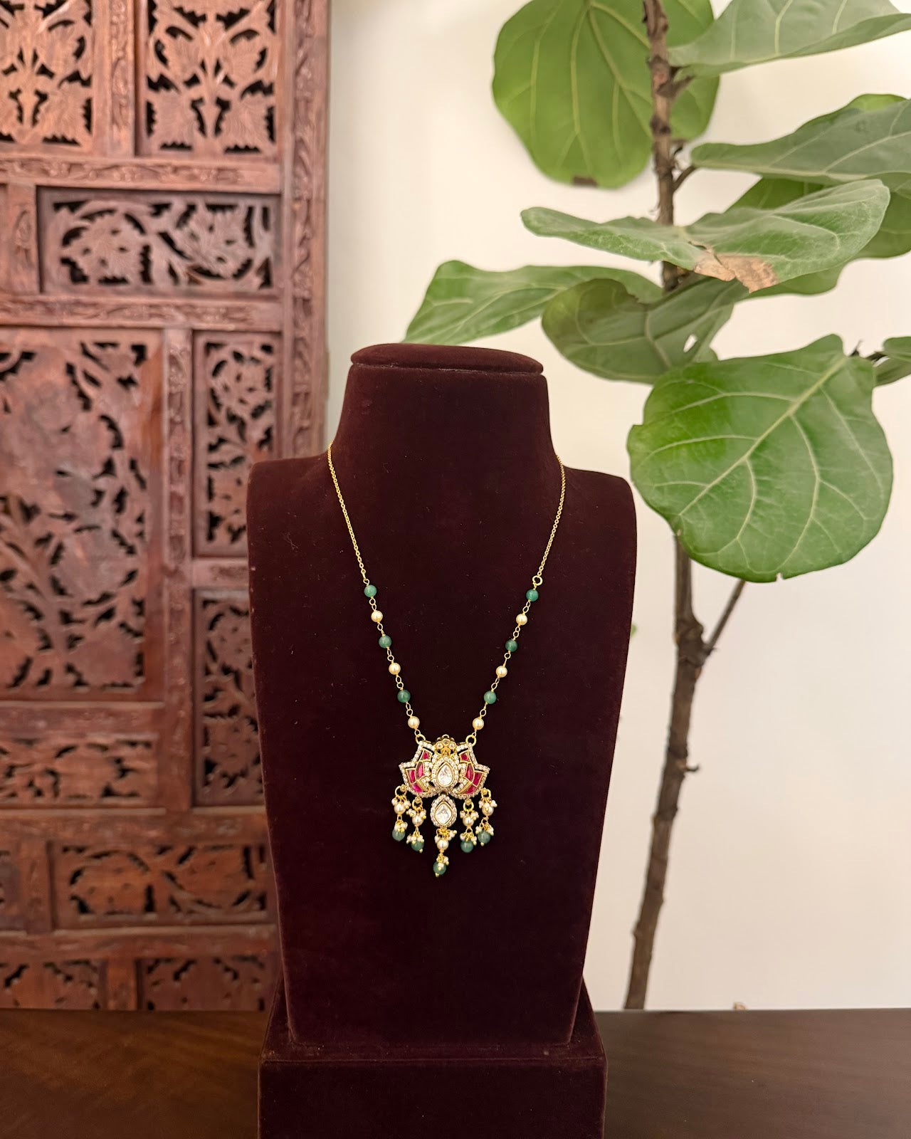 Lotus Moissanite Kundan Necklace with Earrings | Handmade Gold Plated | NC837