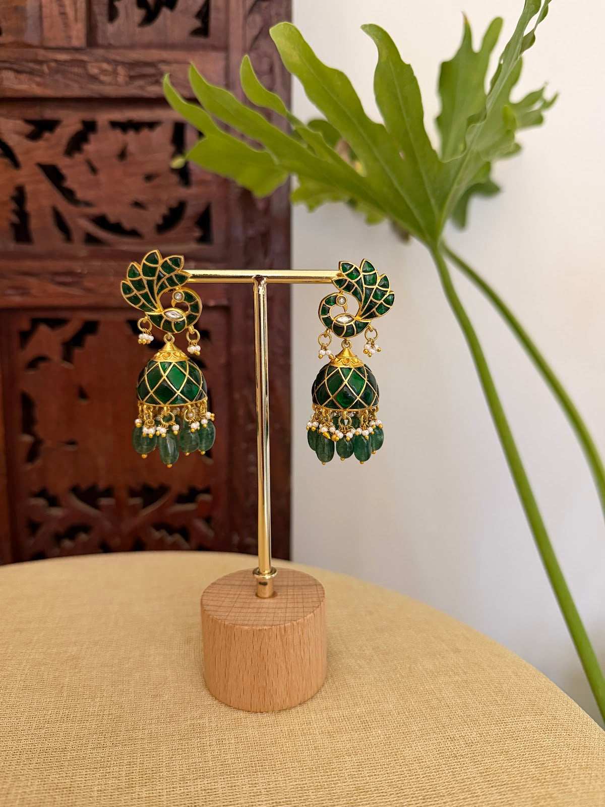 Green Floral Peacock Jadau Kundan Jhumkas | ER417