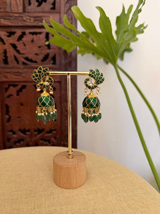 Green Floral Peacock Jadau Kundan Jhumkas | ER417