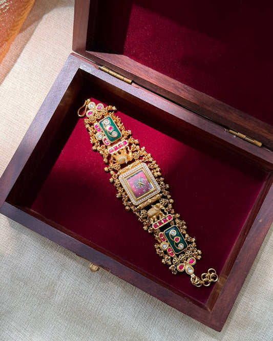 Elegant Elephant Motif Jadau Kundan Designer Watch | Handmade Gold Plated | WA001