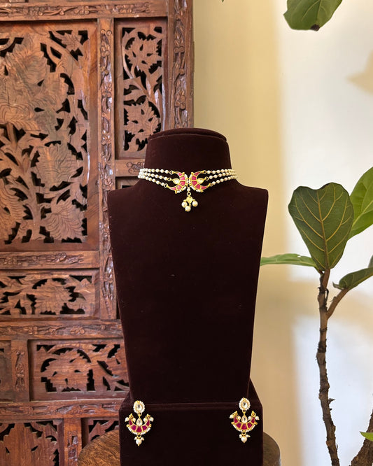Classic Pearl Chand Choker with Earrings | Crescent Motif | Handmade Gold Plated | NC751