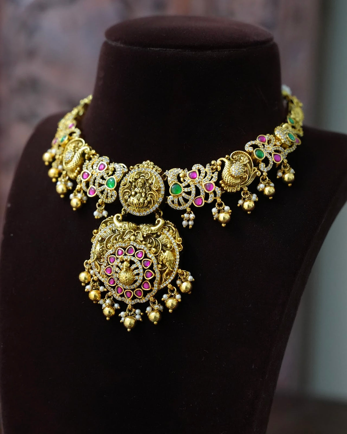 Multicolour Antique Gold Plated Lakshmi Choker Set with Earrings | NC939