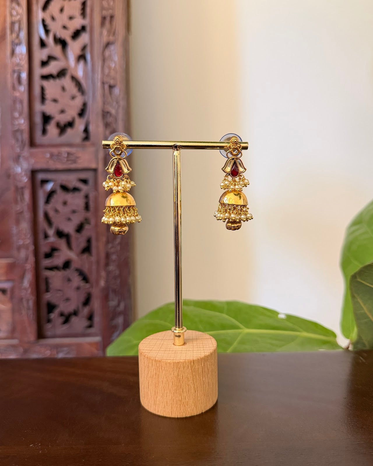 Floral Kundan Necklace with Earrings | Ruby & White | Handmade Gold Plated | NC846